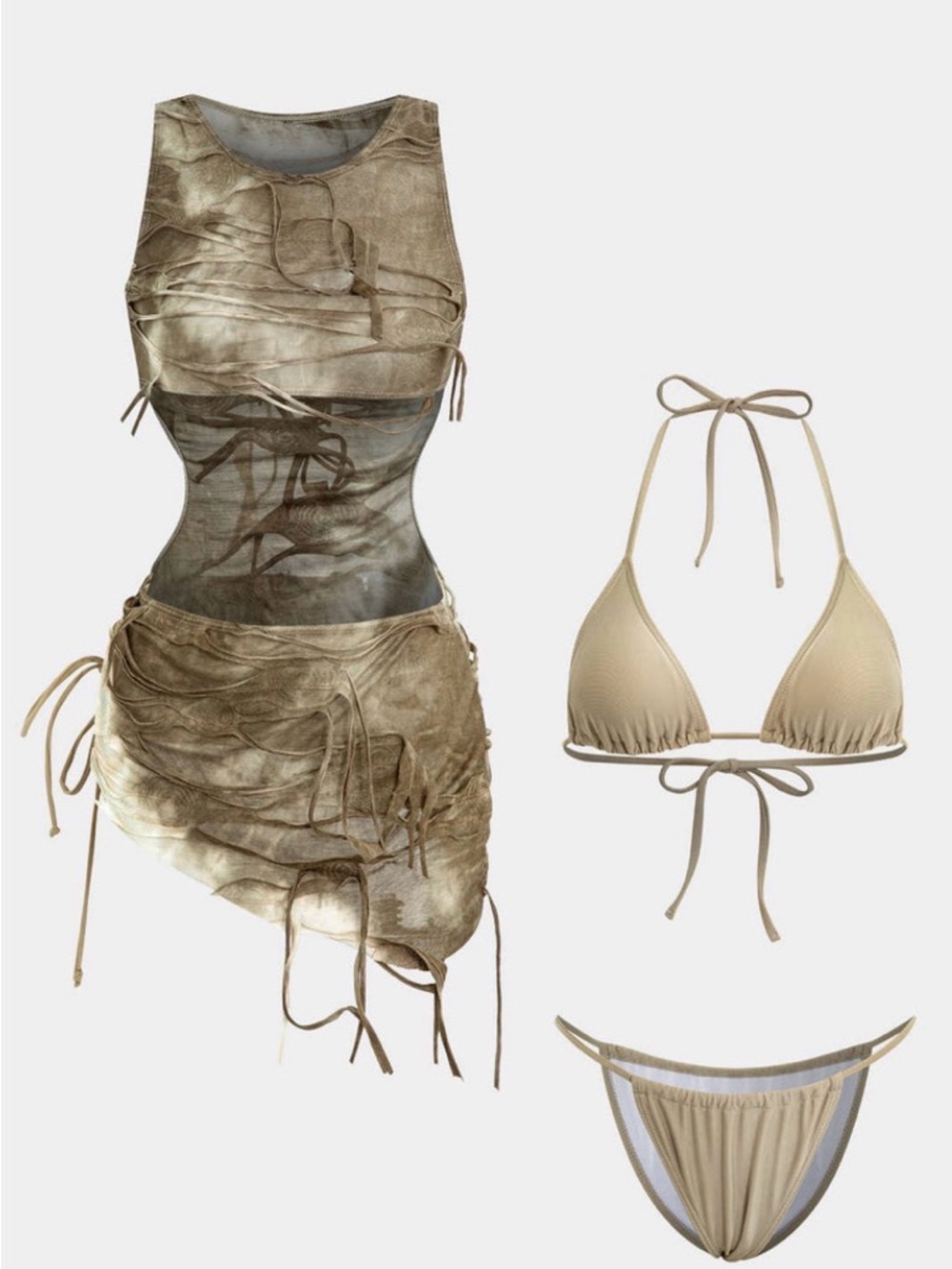 Beige Three-Piece Women’s Swim Set with Sheer Cover-Up